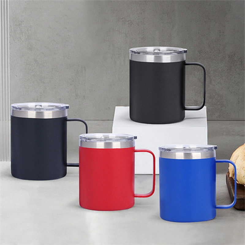 12OZ wide mouth double wall stainless steel vacuum drink coffee cups with stainless steel handle and plastic transparent lid
