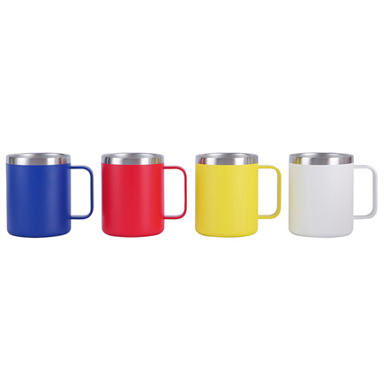 12OZ wide mouth double wall stainless steel vacuum drink coffee cups with stainless steel handle and plastic transparent lid