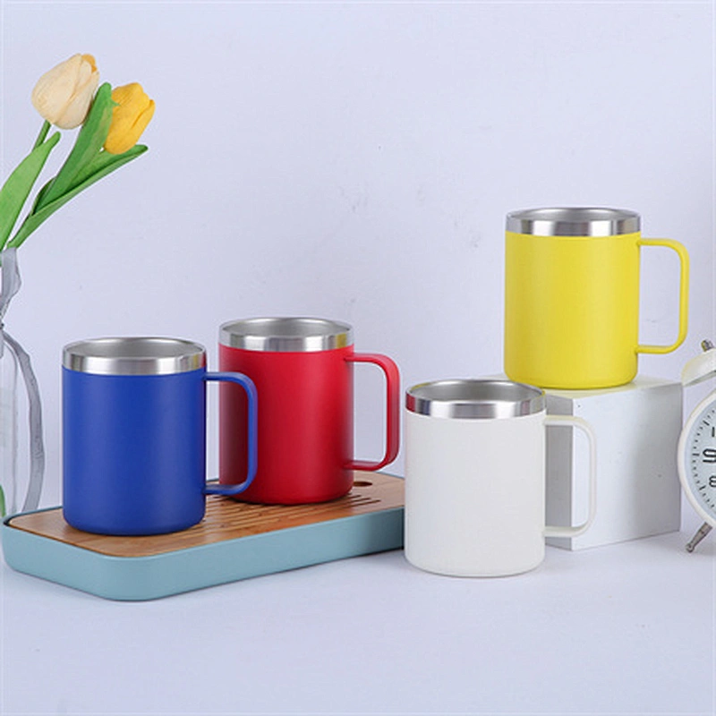 12OZ wide mouth double wall stainless steel vacuum drink coffee cups with stainless steel handle and plastic transparent lid