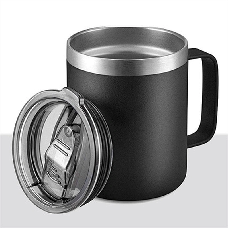 12OZ wide mouth double wall stainless steel vacuum drink coffee cups with stainless steel handle and plastic transparent lid